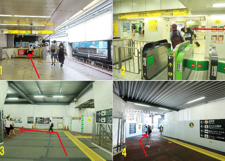 1. The southernmost staircase of JR’s platform 2 2. The south ticket gates 3. The passage along the construction site 4. The Eaxt Exit of JR Shibuya Station