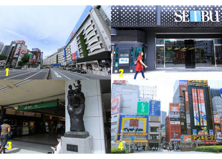 ↑1. In front of the East Exit 2. Seibu Department Store 3. “Mother and Child” statue 4. East Exit downtown area