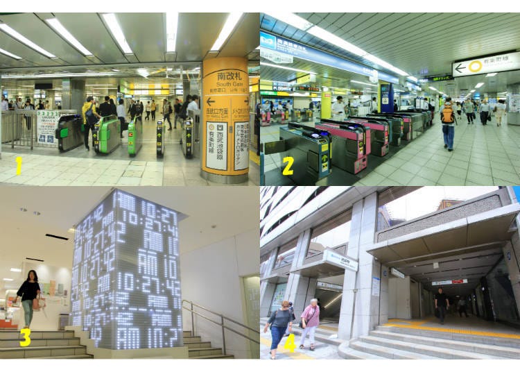 ↑JR south ticket gates 2. Yurakucho Line ticket gates in the South Passage 3. The Light Clock on Seibu Department Store’s basement level 4. Seibu Exit