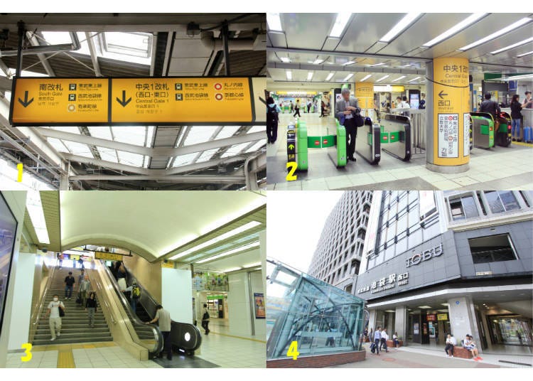 ↑1. Descend the stairs in the middle of the JR platform. 2. Exit via JR’s central 1 ticket gate and turn left. 4. Take the stairs in the Central Passage. 4.West Exit