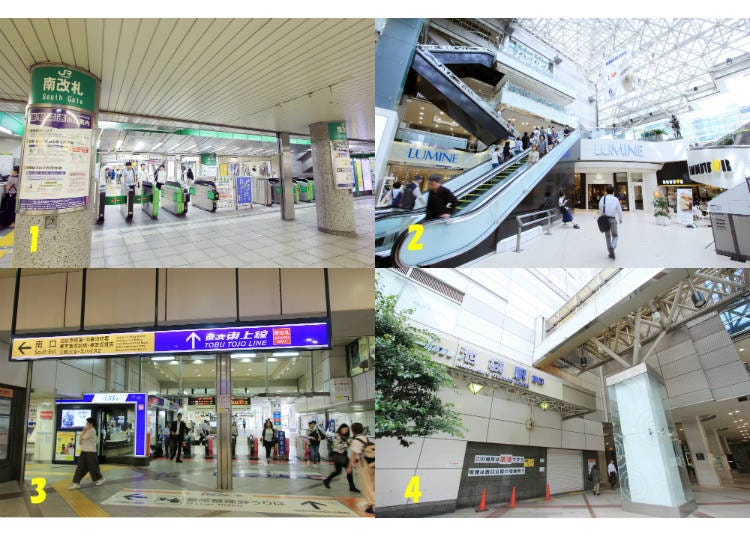 ↑Pass JRs south ticket gate and turn right. 2. Go up the escalator. 3. The south ticket gates of the Tobu lines. 4. South Exit