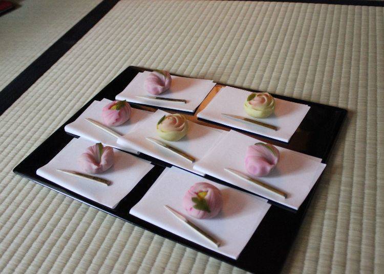 The Japanese confectionery was shaped after seasonal flowers, such as the tsubaki (camellia japonica), the iris, and the rose.