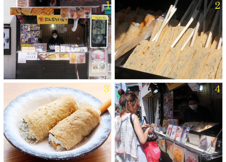 1) the shop’s exterior 2) Shonan Shirasu Fried Egg Skewer 3) the Hannari Inari Roll with shirasu (left) and burdock (right) 4) a happy customer
