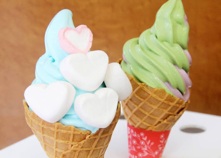 Heart Marshmallow Soft Serve (left) and Hydrangea Soft Serve (right)