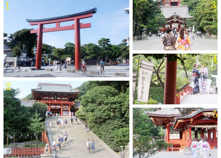 1) The big torii at the entrance of the shrine premises 2) the main shrine and its stone stair approach 3) the shrine approach 4) the bridge leading to the sub-shrine called Hataage Benzaiten Shrine 5) the maiden, or court music pavilion