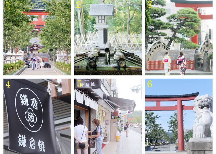 1) Stone lanterns at the shrine approach along Wakmiya Oji 2) A basin called “temizuya” at Tsurugaoka Hachimangu Shrine 3) The great bridge leading to and from the shrine 4) and 5) arbre noir Yakumi and its Kamakura-yaki 6) The great torii at Wakamiya Oji Street and a lion-dog statue