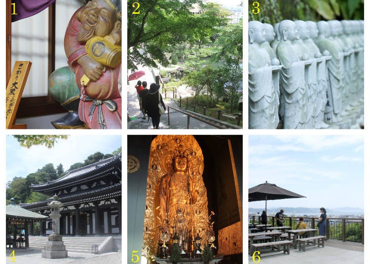 1) The wooden statue of Sawari Daikokuten, said to bless everyone who touches it 2) The stone steps leading from the ponds to the upper area 3) “Jizo” statues halfway up the stairs 4) Kannon-do hall 5) the Kannon statue　6) the observation deck