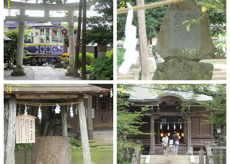 1) The Enoden train passing along the torii gate of Goryo Shrine 2) the pair of stones called “sleeve stone” and “stone in one’s hand” 3) the tree stump of legends 4) praying at the peaceful shrine