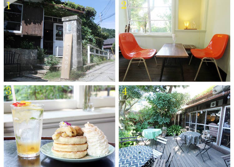 1) The café is located in a narrow alley at the coastal street 2) its retro but modern atmosphere boasts many fans 3) the famous banana caramel pancakes for 1,100 yen (vanilla ice cream can be ordered separately) and honey lemonade for 680 yen 4) the terrace, surrounded by trees