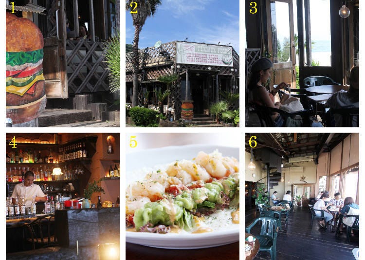 1) The characteristic burger billboard 2) the café can be found along Route 134 3) the beautiful ocean view 4) a bar counter in the back of the shop 5) the shrimp taco 6) a relaxed atmosphere with typically South American interior