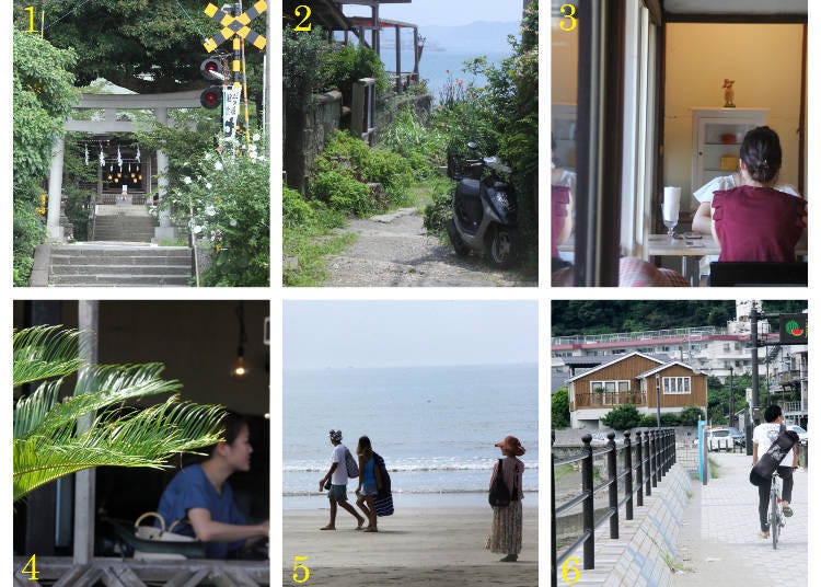 1) Goryo Shrine as seen from the outside 2) the narrow road leading to the ocean, in front of Café Sakanoshita 3) the window seats at Café Sakanoshita 4) Venus Café right by the sea 5) Yuigahama Beach 6) the sidewalk of Route 136, continuing along the beach