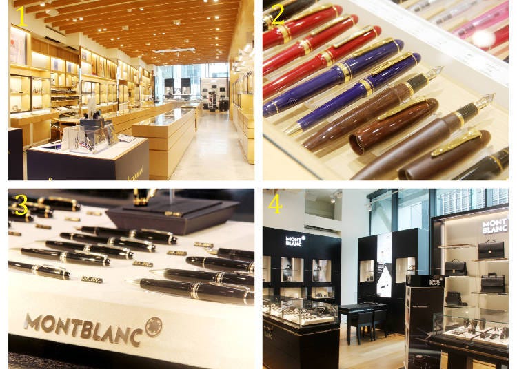1) The third floor offers a large selection of pens and fountain pens 2) fountain pens by Platinum 3) and 4) the Montblanc corner