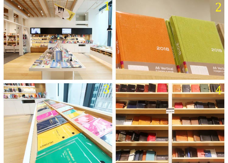 1) A wide variety of schedule books, notebooks, and accessories 2) the original Itoya Diary in A6 for 1,600 yen 3) a corner dedicated to Rollbahn notebooks, a popular brand in Japan 4) an abundant choice of notebooks with a leather cover