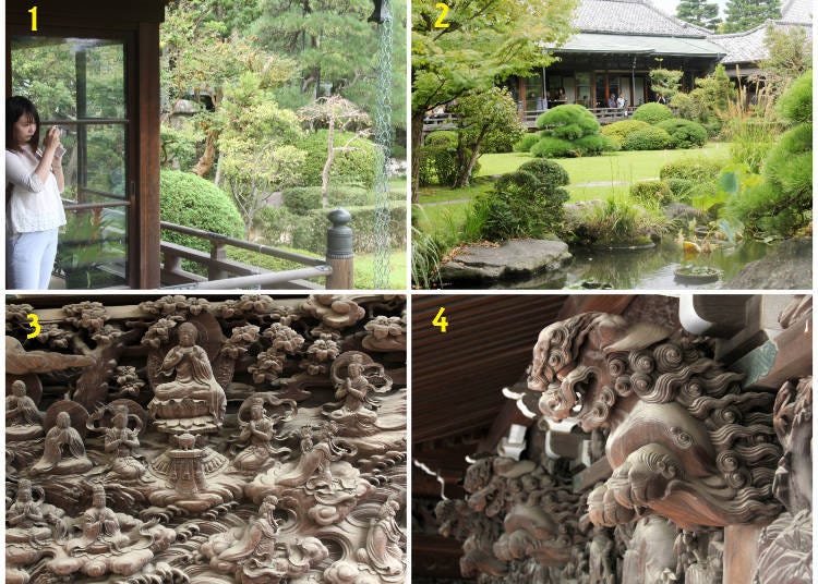 1) Suikeien Garden 2) the garden and reception hall 3) one of the carvings on the walls, showing part of the Lotus Sutra 4) a carved lion