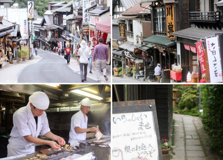 From top left: 1) The downhill slope of Narita-san Shinsho-ji Temple’s approach. 2) Atmospheric souvenir shops and restaurants line the lively street. 3) The eel shop “Kawatoyo,” famous for grilling the eel right in front of your eyes. 4) A narrow alley leading to the tea house “Miyoshiya” and its tranquil zen garden.