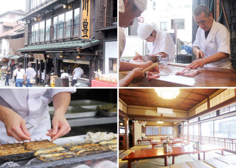 From top left: 1) Kawatoyo’s wooden 3-story building was opened as an inn in 1917. 2) The chef (right), a true eel veteran, has 50 years of experience. 3) Eel being grilled and selling mouthwateringly delicious. 4) The tatami room on the second floor, overlooking the temple approach.
