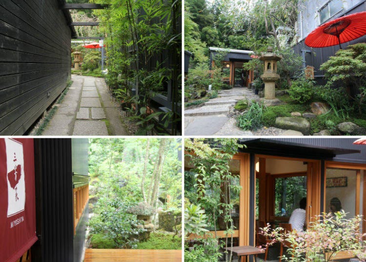 From top left: 1) The narrow alley leading to Miyoshiya. 2) A red umbrella and a stone lantern hint at the enigmatic and thoroughly Japanese atmosphere that awaits. 3) The semi-open terrace seats. 4) The glass house that overlooks the lush garden.