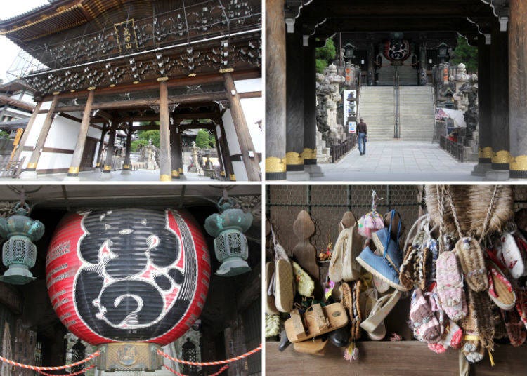 From top left: 1) The main gate connecting the temple approach with the temple grounds. 2) Stone lanterns lining the way to the temple. 3) The massive paper lantern at Niomon Gate. It says “fish market.” 4) Sandals, sneakers, and wooden clogs are prayer offerings for being a good walker.