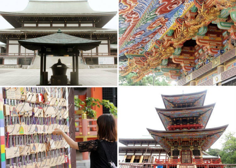 From top left: 5) The Great Main Hall 6) Beautiful carvings adorn the underside of the Three-story Pagoda. 7) Wooden plaques called “ema” in front of the Shotokutaishido Hall. 8) The Great Main Hall and the Three-story Pagoda