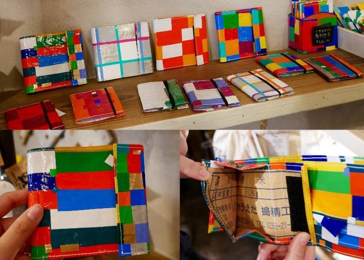 Wallets made from rice bags, 2,800 yen each