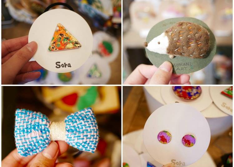 From top left: sparkly hair ornament for 700 yen, wooly brooch for 800 yen, ribbon hair ornament for 300 yen, earrings for 1,500 yen