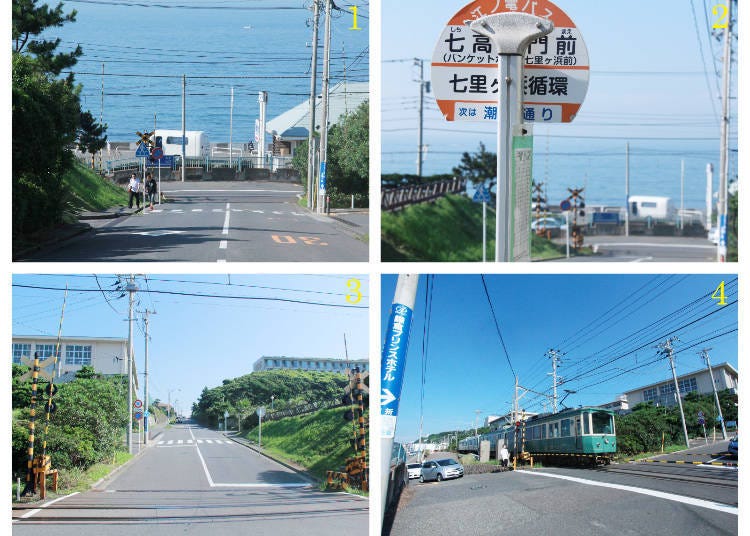 1. Railroad crossing seen from the Shichirigahama High School gate 2. Bus stop signboard 3. Looking up the hill from the railroad 4. The Enoden passing by