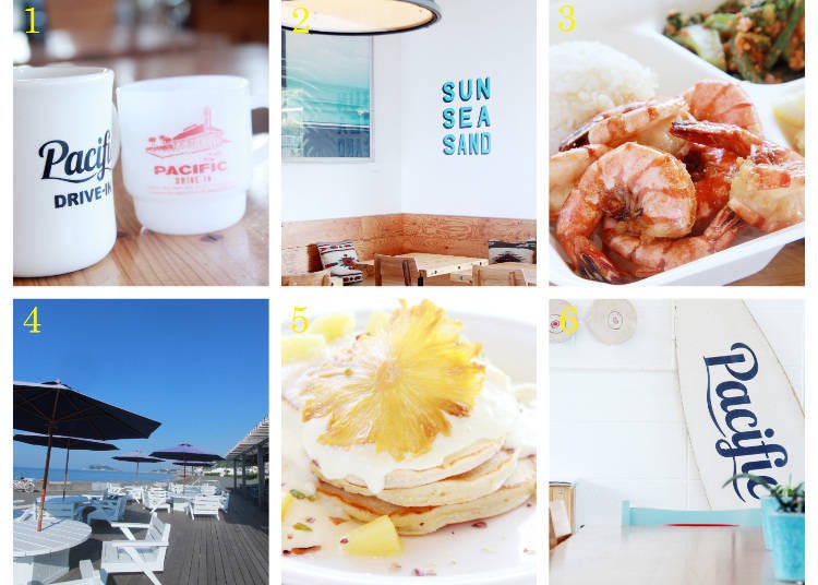 1. Mugs (left, 2,500 yen; right, 3,000 yen) 2. Restaurant interior 3. Garlic shrimp plate, 1,250 yen 4. Terrace seating 5. Seasonal pancakes 1,200 yen (pineapple and cream cheese pictured).6 Surfboard decoration inside the shop