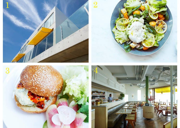 1. The building, along Route 134 (c) Petrina Tinslay 2. Lentil and burrata cheese salad (c) Petrina Tinslay 3. Shrimp burger (c) Anson Smart 4. Counter-side seating also available (c) Petrina Tinslay