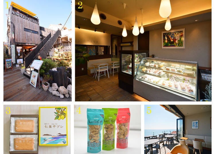 1. 1st floor, Amalfi Dolce; 2nd floor, kitchen; 3rd floor, Amalfi Caffe 2. Amalfi Dolce shop 3. Shirichiri Sable 4. Shirasu 5. Amalfi Caffe ocean view