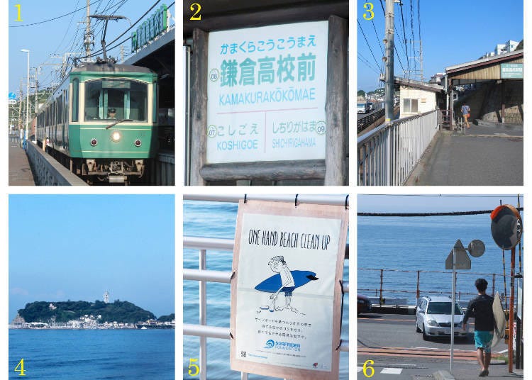 1.-3. Enoden Kamkurakokomae Station 4. Enoshima 5. No littering sign 6. Kamkurakokomae railroad crossing