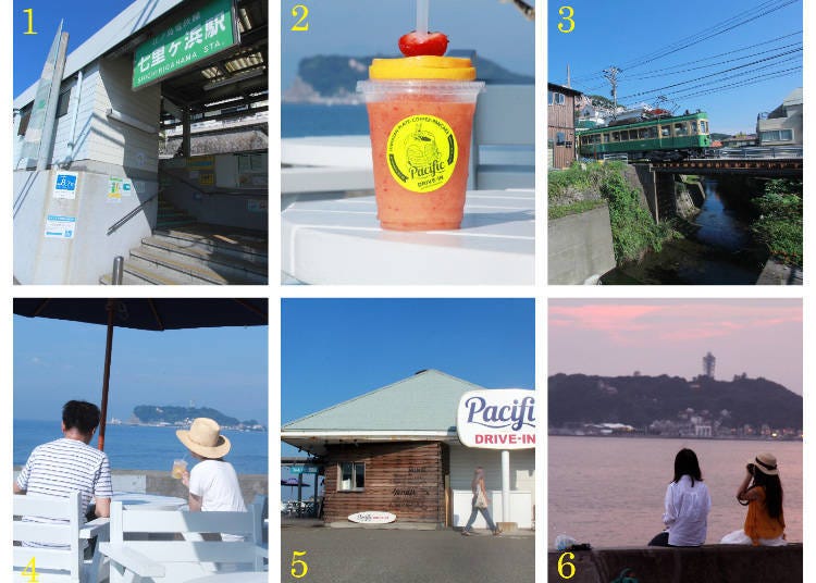 1. Enoden Shichirigahama Station 2. Pacific Drive-In Smoothie 3. Yukiaigawa flowing under the Enoden near Shichirigahama Station 4. Pacific Drive-In terrace seats 5. Pacific Drive-In 6. Evening view of Enoshima from Shichirigahama