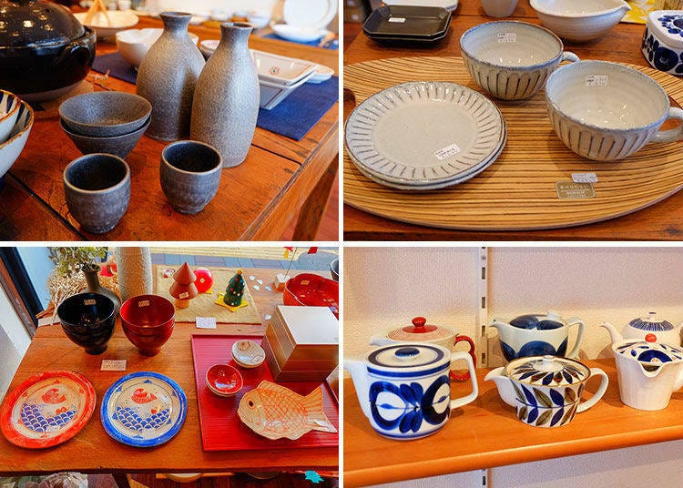 Top left: Large sake flask, 2,592 yen; Small sake flask, 1,944 yen; Sake bowl, 1,296 yen; Sake cup, 1,404 yen  Top right: Dinner plate, 1,620 yen; Soup, 1,836 yen  Bottom left: Medium Plate, 3,888 yen; Mino Simmering Dish, 3,780 yen; Modern bowl, 2,160 yen  Bottom right: Majorca pot, 2,700 yen; Kazura pot, 4,536 yen (All prices include tax)