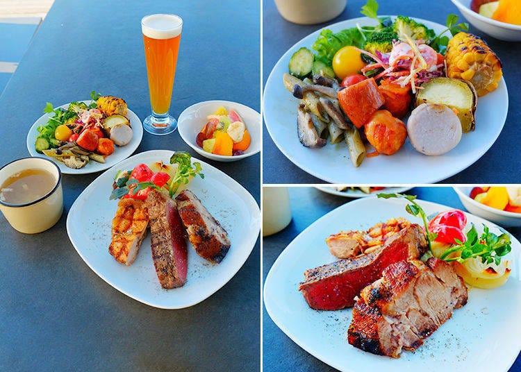 Left: PITMANS LUNCH (11:00 – 14:30 on Weekdays) (Grilled Steak, Grilled Chicken Steak, Grilled Pork Ribs, or Pizza + Fruit and Vegetable Salad), 1,000 - 1,800 yen; KIYOSUMI Amber Beer S 600 yen, M 900 yen, L 1,200 yen (excluding tax)