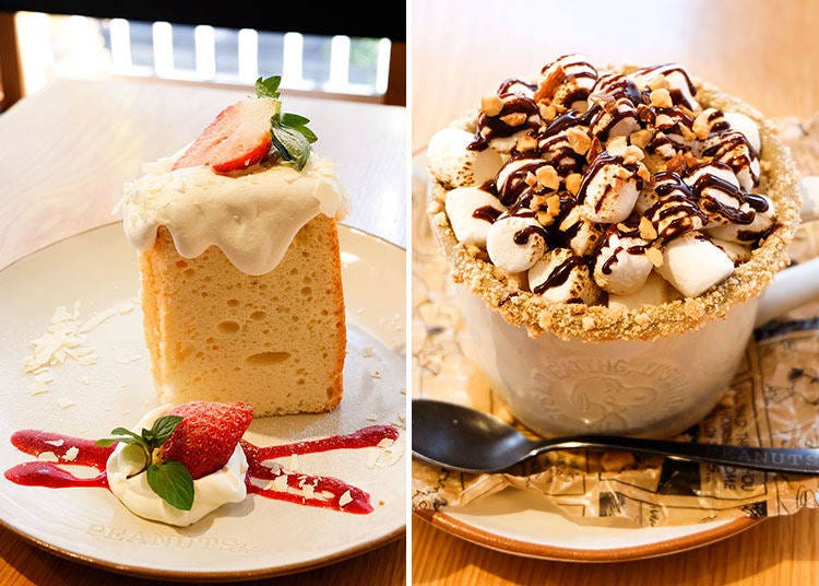 (左) 哈莉的天使蛋糕 (ハリエットのエンジェルフードケーキ) 950日圓　(右) 烤棉花糖熱拿鐵 (焼きマシュマロラテ) 800日圓