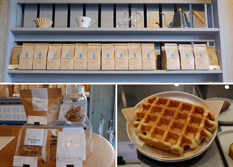 Top: Coffee beans, \1500/bag yen round Left: GRANOLA, \900; GRANOLA BAR, \350; BLUE BOTTLE COFFEE CHOCOLATE, \800 Right: LIEGE WAFFLE, \500