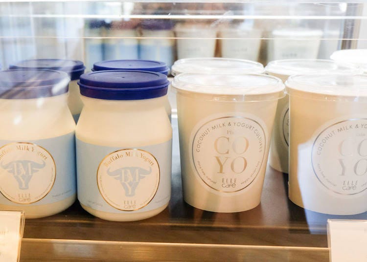 (右)吸引许多贵妇名媛专程来购买的低糖值物性优格（日本のセレブにも大人気のCOYO 低糖质ココナッツヨーグルト） 1,200日元 (左)水牛奶酸奶(バッファローヨーグルト)2,300日元