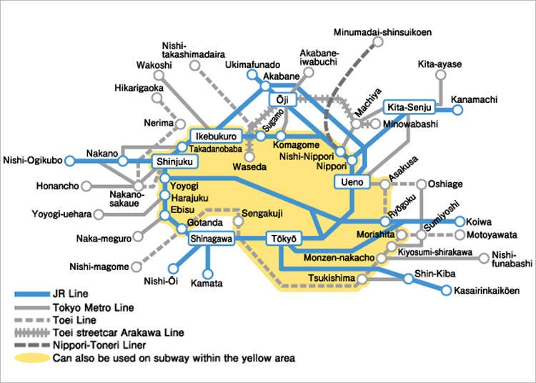Japan train passes: Tokyo 1-Day Ticket coverage area