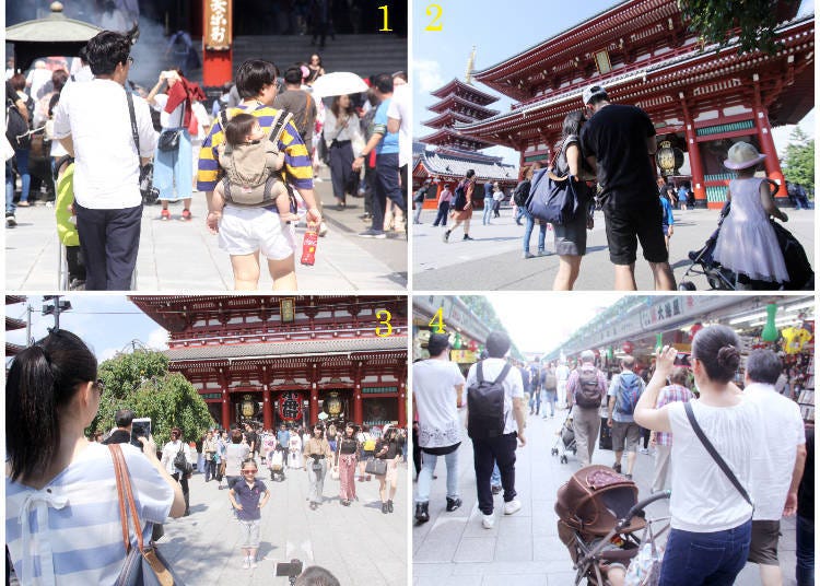 1) In front of Sensoji Main Hall 2) and 3) Taking commemorative photos in front of Hozomon Gate 4) Nakamise-dori Street