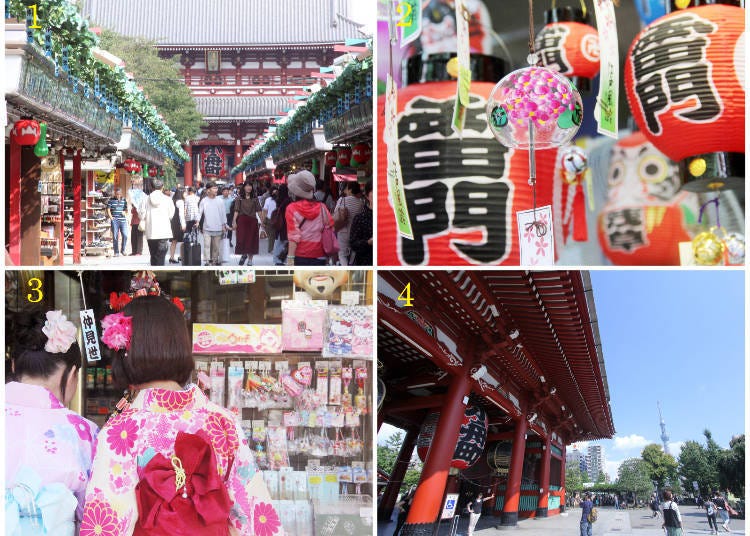 1) Hozomon Gate just behind Nakamise-dori Street 2) The paper lanterns of Kaminarimon Gate and Japanese souvenirs 3) Tourists exploring the area in kimono 4) The view on Tokyo Skytree from Hozomon Gate
