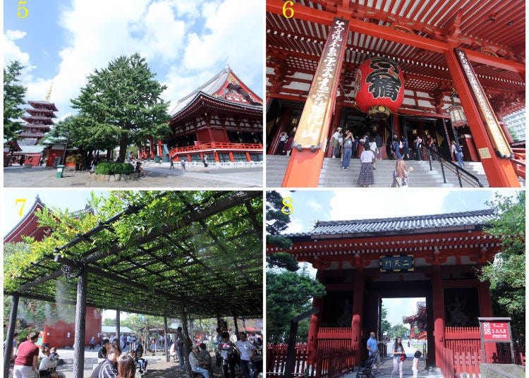 1) The Five-Story Pagoda (left) and Main Hall (right) 2) the Main Hall and the staircase in front 3) the rest area on the right-hand side of Hozomon Gate. Cool mist refreshes visitors during summer 4) Nitenmon Gate in the east of the precincts