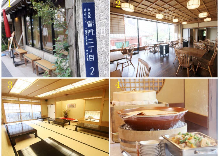 1. Asakusa Mugitoro from the outside 2. The view on Senso-ji Komagata-do Hall from the second floor 3. The third floor’s comfy tatami seats 4. The mugiroto all-you-can-eat on weekdays