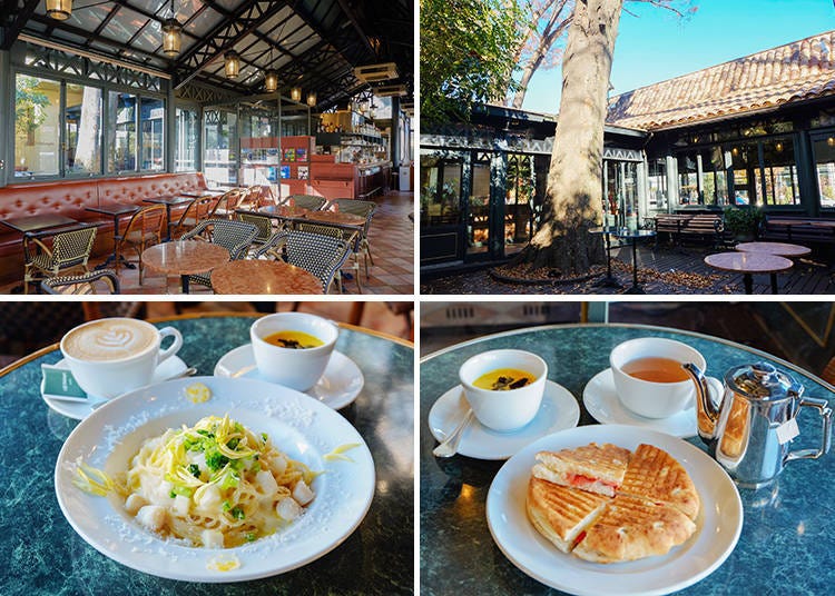 Bottom Left: Pasta set - Spaghetti di salsa crema con Kobasira e rapa, ¥1,944 (available lunch only, 11:30 – 17:00); Bottom right: Panino set - Focaccia al prosciutto ¥1,512 (available all day); Both sets include soup and drink, (tax included)