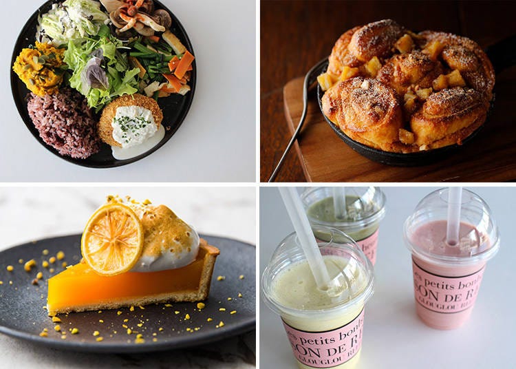 Top Left: GLOUGLOU PLATE, 1,400 yen; Top Right: GLOUGLOU Cinnamon Roll (グルグルシナモンロール), 750 yen; Bottom Left: Organic Lemon Tower (オーガニックレモンタルト), 650 yen; Bottom Right, Fresh Fruit Smoothie (スムージー), 700 yen takeout / 750 yen dine in, (tax excluded)