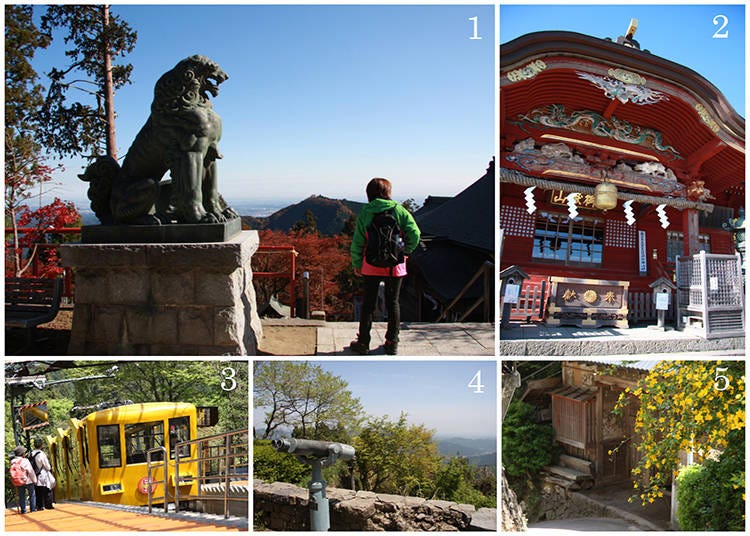 1) The scenery from the shrine’s main hall 2) the main hall 3) the cable car 4) looking down from the mountain 5) sleeping at the pilgrim’s lodgings is a special experience