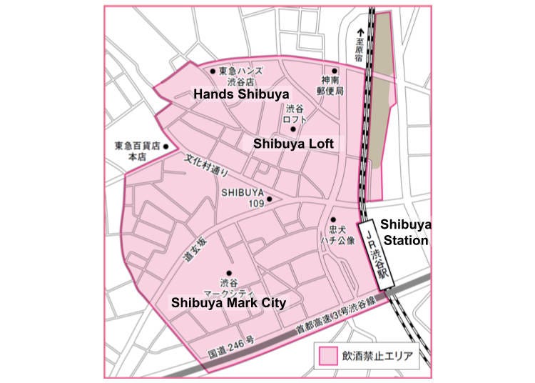 Area under public drinking ban in Shibuya for New Year 2023-2024. (Image © Shibuya City Office; English annotations added)