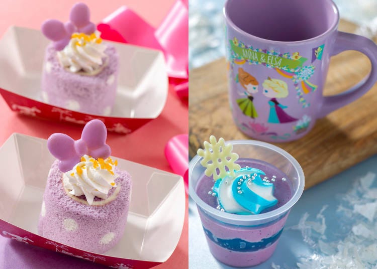 Daisy Duck roll cake (vanilla cream), 1 piece @ ¥400 / Blueberry mousse & blue jelly with souvenir plate, 750 yen (Sales location: Sweetheart Cafe)