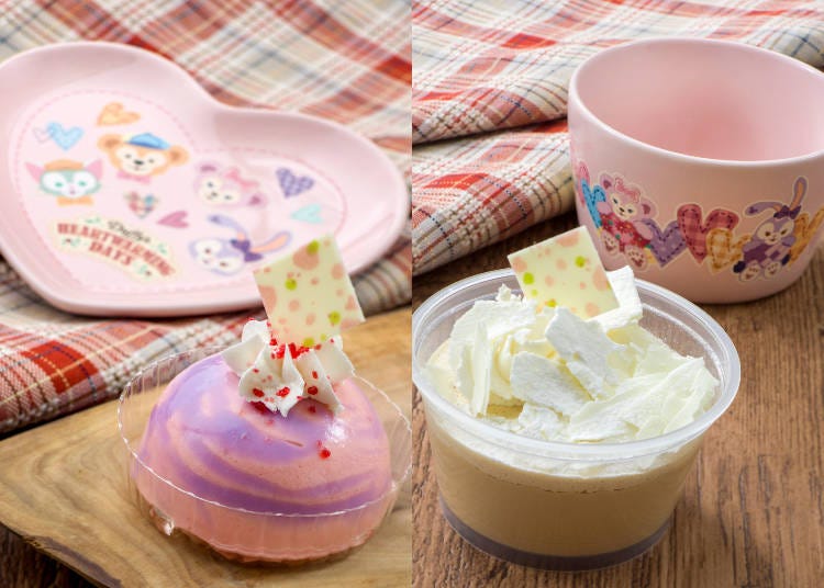 Milk tea mousse with souvenir cup (880 yen), strawberry cheese cream cake with souvenir plate (880 yen)