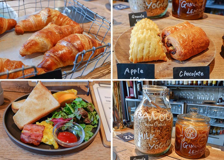 Upper left, Croissant 200 yen; Upper right, Apple pie 100 yen, Chocolate danish 200 yen; Lower left, Bacon, eggs, salad & toast/croissant plate 500 yen; Lower right: Granola 450 yen