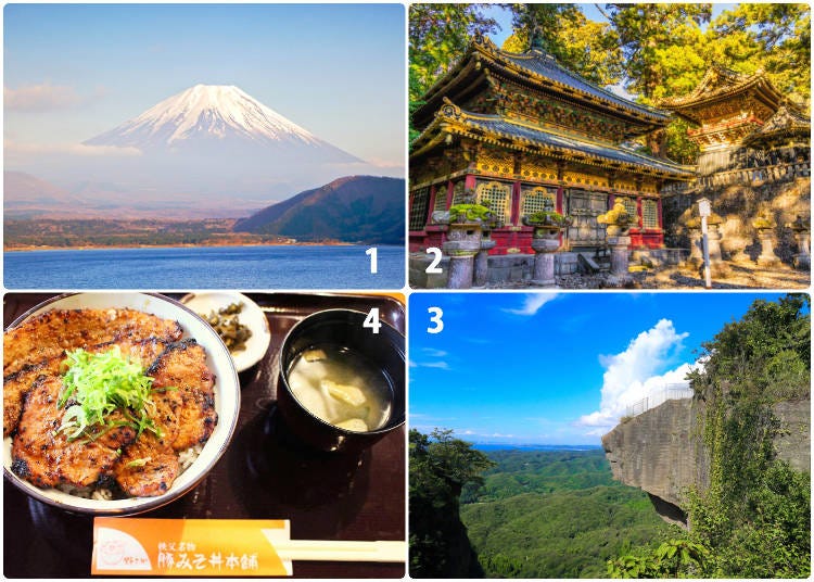 1. Mt.Fuji from Hakone 2.Toshogu Shrine in Nikko 3. Nokogiriyama in Chiba 4. Miso-pork bowl: most famous local dish in Chichibu