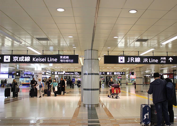 On B1F, Keisei lines (Skyliner) are on the left and JR lines (Narita Express) are on the right.